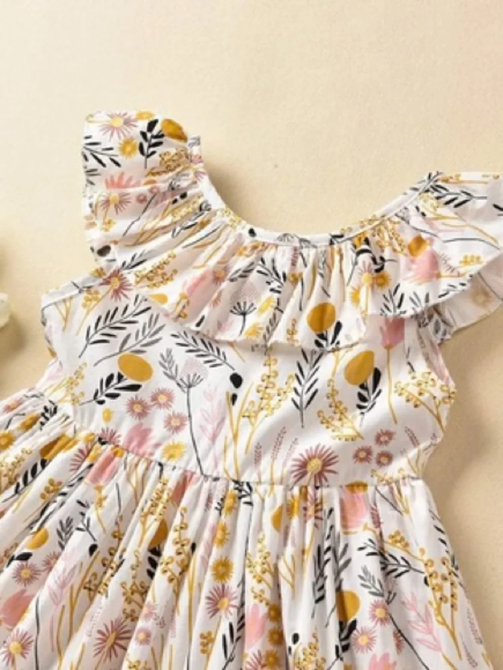 White Floral Flutter-Sleeve Dress with Pink & Mustard Accents